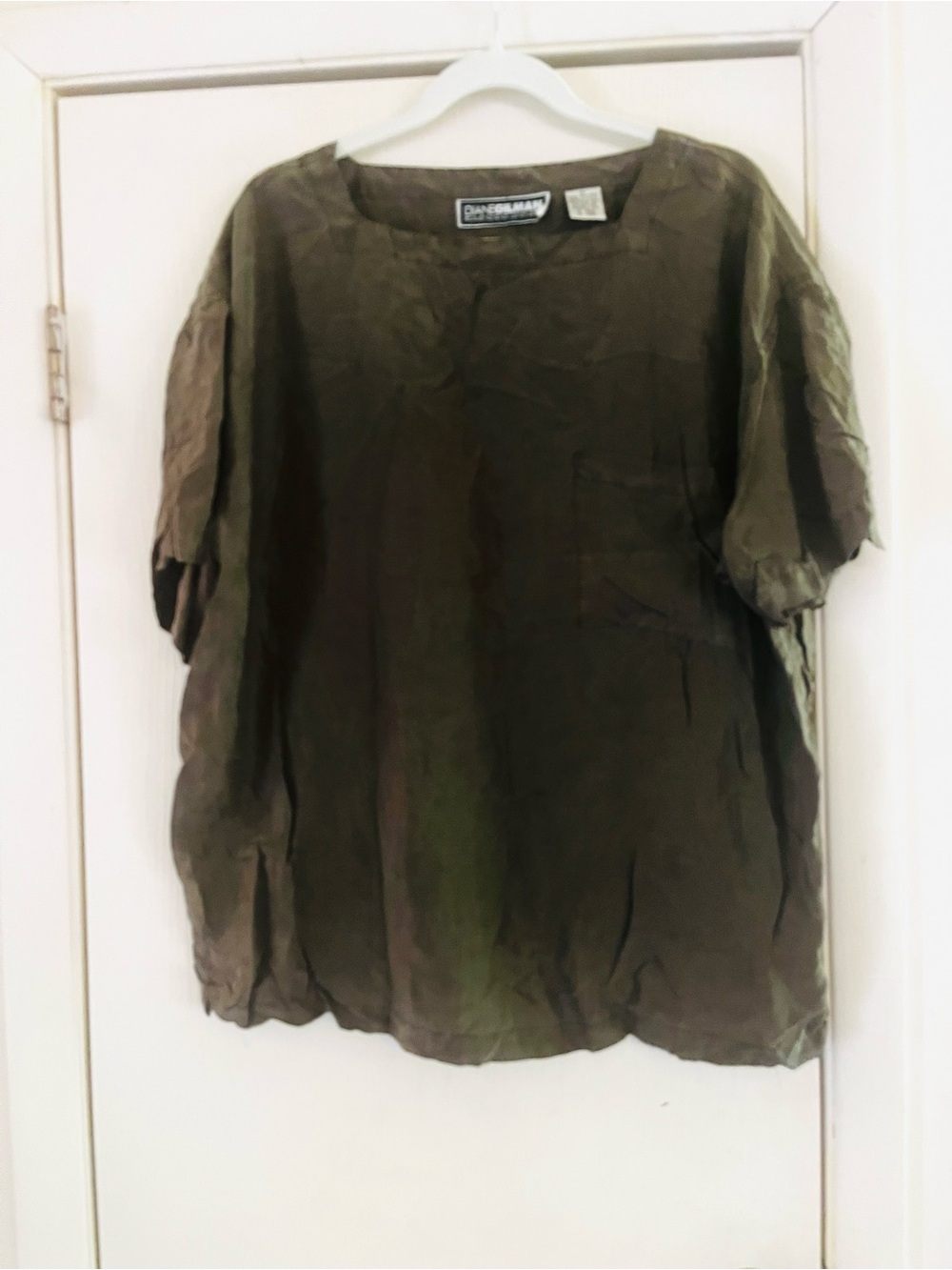 VTG Silk Lagenlook Diane Gilman Olive Green Boxy Artsy Blouse 2x